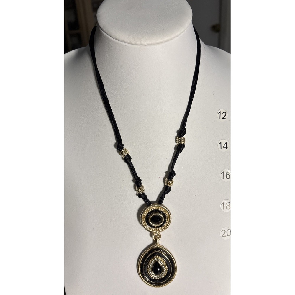 Chico's Black Cord Necklace Gold Tone Rhinestone Double Medallion Pendant